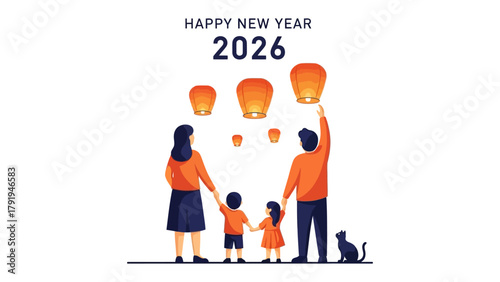 Happy New Year Celebration: A family releasing lanterns on New Year's Eve, representing hope, dreams, and new beginnings. The illustration captures the essence of togetherness.