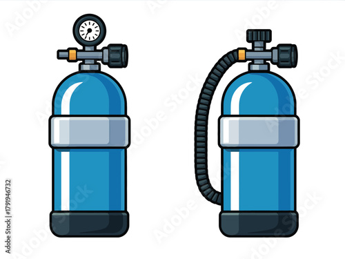 Two blue scuba diving tanks with gauges and hoses are depicted
