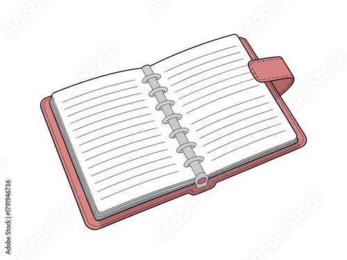 An open binder notebook with blank lined pages rests on a white background.