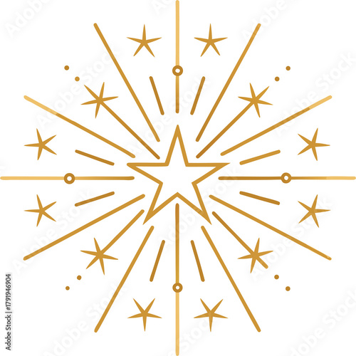 Thin line star fireworks vector design on white background, elegant glowing golden sparkles arranged symmetrically, minimal festive decoration.