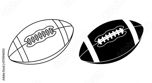 Two american footballs one outlined and one solid black side by side