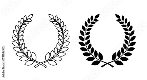 Black and white laurel wreaths decorative floral elements in symmetrical design