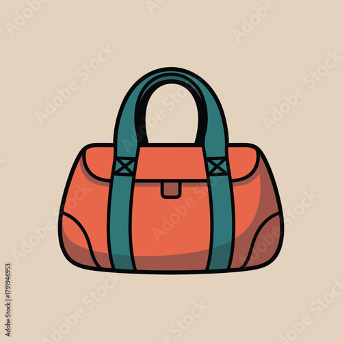 Orange duffel bag with teal straps on a light tan background