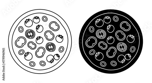 Two circular depictions of pizza with tomato and pepper toppings