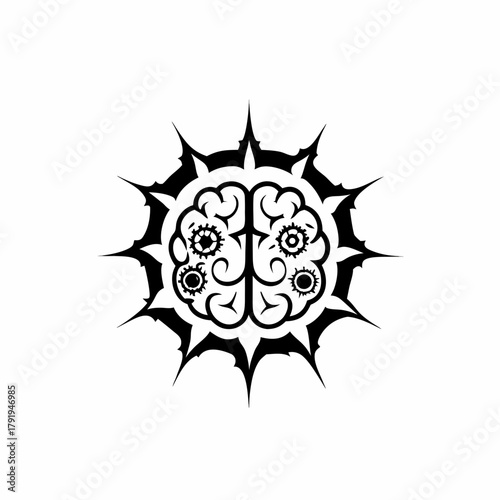 Stylized brain with gears and spiked halo