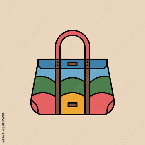 Colorful duffel bag with geometric pattern on beige background