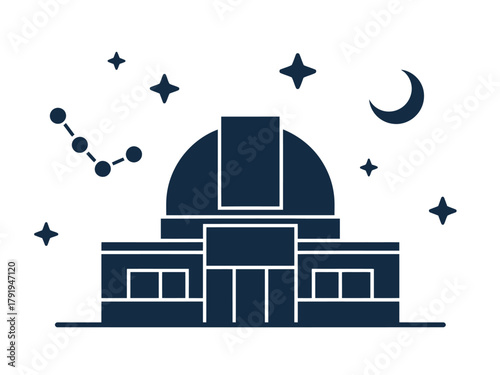 An observatory building is depicted with celestial bodies in the night sky.