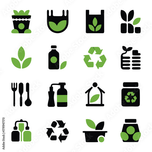 Black and green biodegradable product icons eco friendly