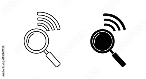 Two magnifying glasses with signal waves black and white versions shown