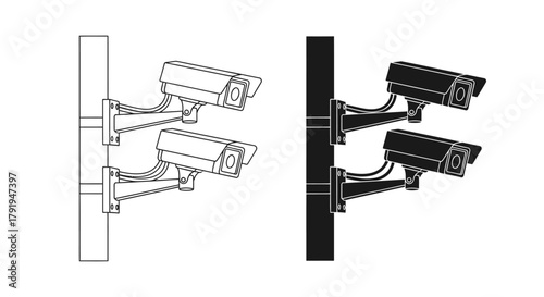 Line art depicting security cameras mounted on a wall shown in two versions