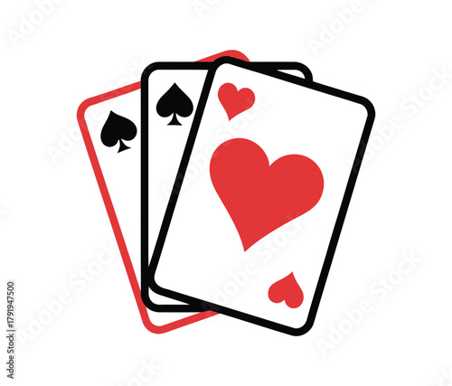 Three playing cards with suits of spades and hearts are fanned out.