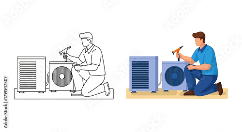 An air conditioning technician repairs an outdoor unit with tools