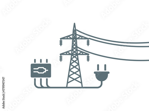 An electrical pylon connects to a plug and socket, symbolizing power and connection.
