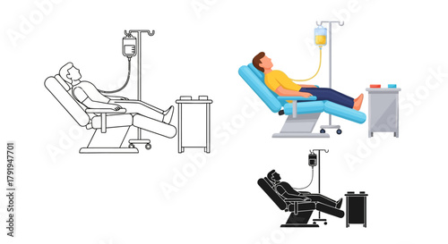 Patient receiving intravenous therapy while reclining in a hospital chair