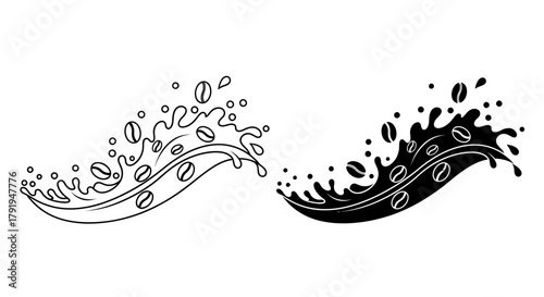 Coffee beans and splashing liquid creating a swirling wave design
