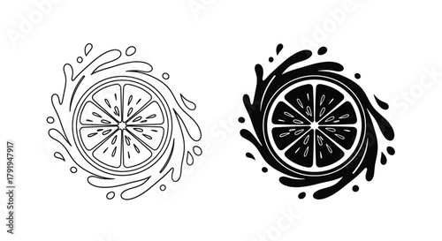 Two black and white citrus fruit slice designs with splashing juice elements