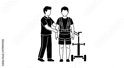 Physical therapy session showing a therapist assisting a patient with a walking brace