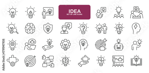 Set of line icons related to idea, creative, innovation, solution, thinking. Outline icons collection