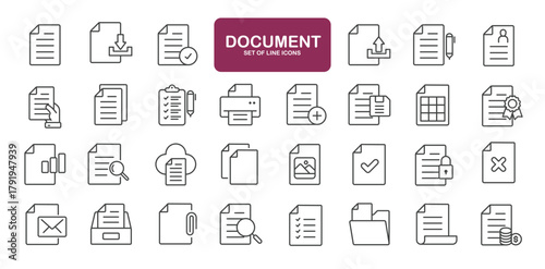 Set of line icons related to document, file, archive, paper. Outline icons collection