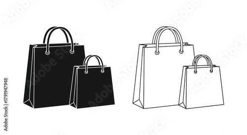 Black and white sketch of varying sized paper shopping bags displayed