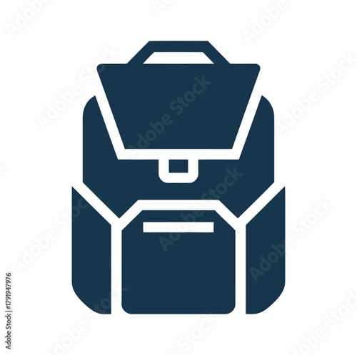 A modern dark blue backpack is depicted as a minimalist graphic icon.
