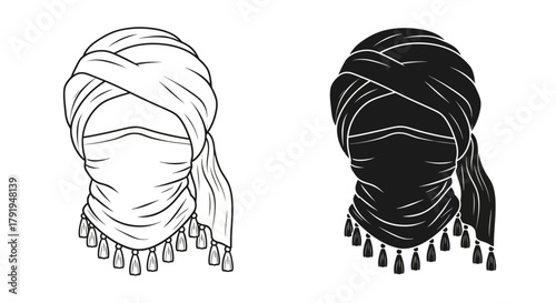 Detailed sketches of two traditional head coverings with facial veils
