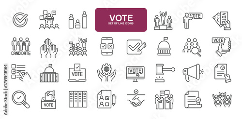 Set of line icons related to vote, election, democracy, politic. Outline icons collection