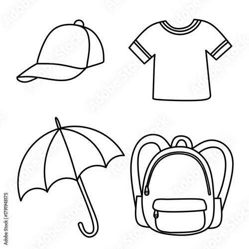 Simple black and white line art illustration of blue color items — hat, t-shirt, umbrella, and backpack. Designed for children’s color learning and preschool coloring activities.