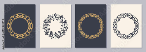 Set of flyers, posters, placards, brochure design templates A6 size with circular geometric ornaments. Elegant luxury frames with ornate borders. Design elements. Vertical color blanks.