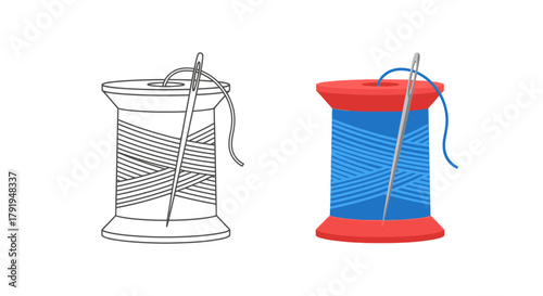 Illustration of two spools of thread with needles one colorized and one outline