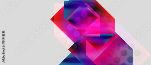 Abstract composition featuring vibrant overlapping shapes, circles, gradients. Pink, purple, blue hues dominate neutral background. Modern design.