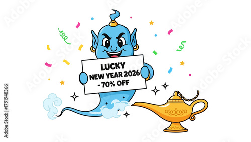 Genie's New Year Offer: A playful genie springs forth, presenting a promotional sign with a message that resonates with customers and sparks a sense of excitement and wonder.