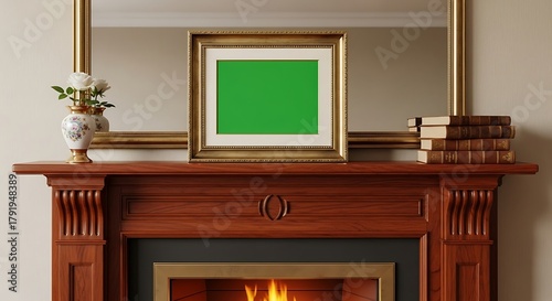 Fireplace with picture frame flower vase and books placed on wooden mantelpiece