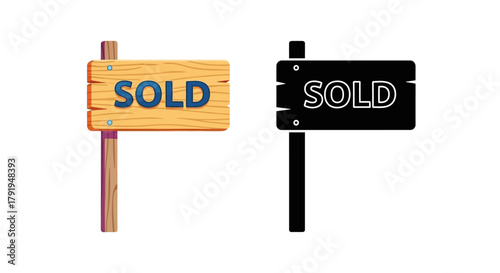 Two contrasting sold signs one wooden and one black are displayed