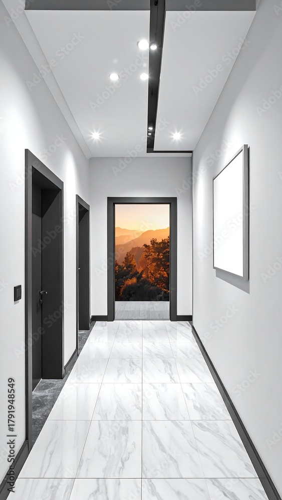 Obraz premium A long interior hallway with doors, framed art, and a view