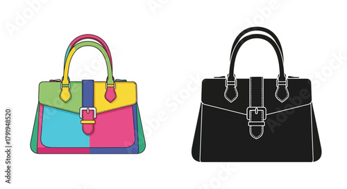 Colorful handbag illustration alongside a black and white version of the same design