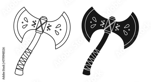 Two hand axes one outlined one solid black detailed sketch style