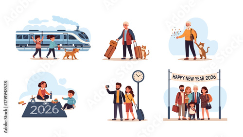 Family Travel Set Illustration: Capturing the essence of travel, a curated illustration showcases the diverse moments and experiences associated with embarking on a journey. Including a train.