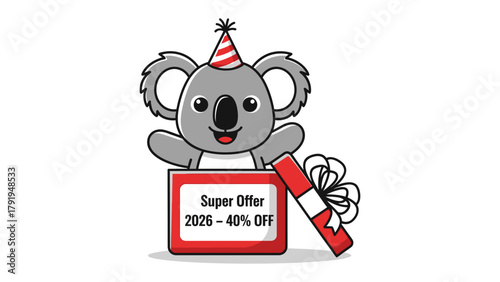 Koala Super Offer: Adorable cartoon koala pops out of a gift box, celebrating a Super Offer with a party hat and a message. A playful invitation to a fantastic deal.