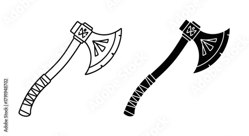Two stylized hand axes one outlined and one solid black are displayed