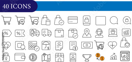E-Commerce & Online Shopping Icons – 40 Outline and Filled Vector Symbols for Digital Stores, Payments, and Delivery