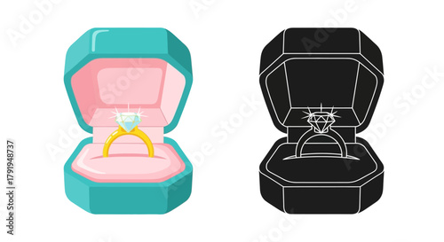Colorful and monochrome illustrations of an open jewelry box with a ring