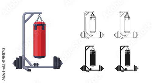 Illustration of a red punching bag with a metal stand and various views