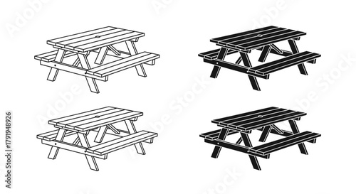 Four black and white illustrations of classic wooden picnic tables