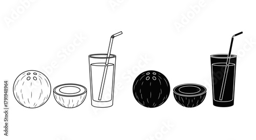 Black and white illustration of coconuts drinks and bowling balls