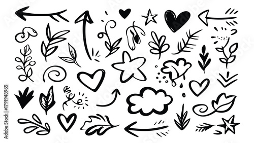 Hand drawn doodle elements featuring hearts arrows stars and leaves