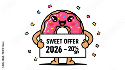 Sweet Offer: Adorable animated donut, proudly displaying a banner offering a sweet discount with confetti, perfect for promotional material.
