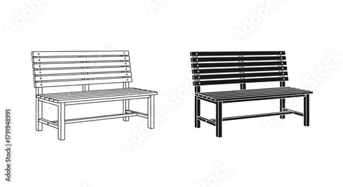 Two wooden benches one light and one dark presented in a linear style