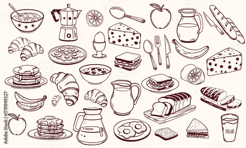 Hand drawn breakfast doodles set. Vector illustration of food and coffee icons in chalk, crayon drawing style for invitations, menus, parties. Minimalist line art. La dolce vita italian style