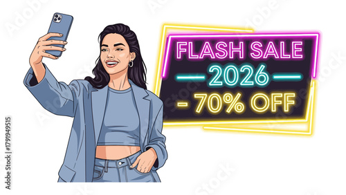 Flash Sale Selfie: A woman enthusiastically captures a selfie, a neon sign prominently announces a limited-time flash sale offer, highlighting promotional discount value